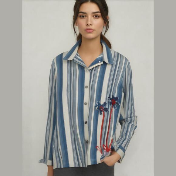 Sag Harbor Sport Blue Cream Denim Stripe Embroider Floral Button Up Jacket S - Picture 1 of 12